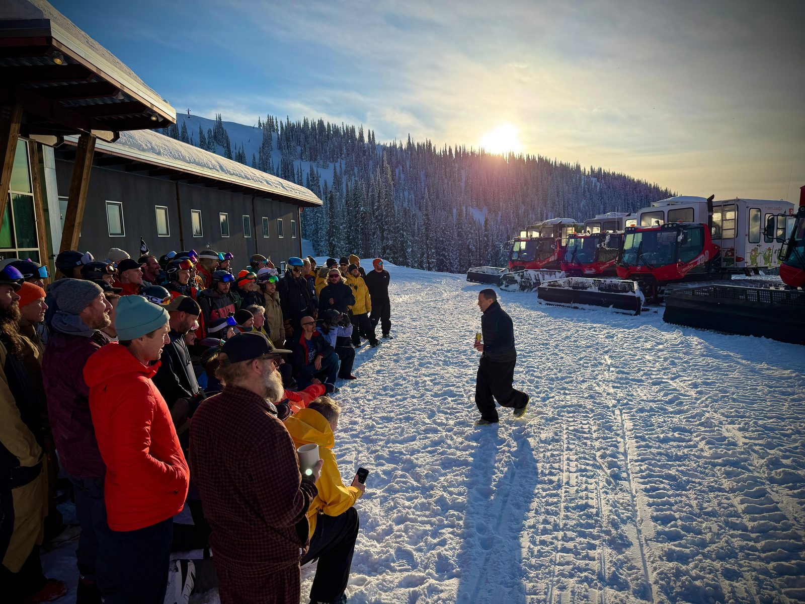 The Maple Summit group gathered outside the lodge in the morning light